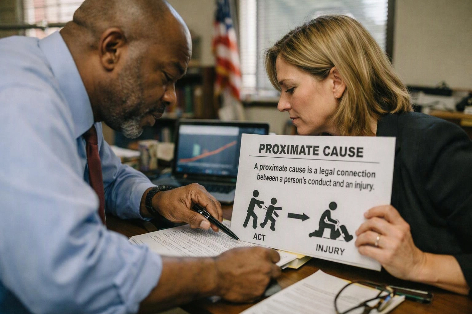 Two people study a legal chart about proximate cause at a desk in an office