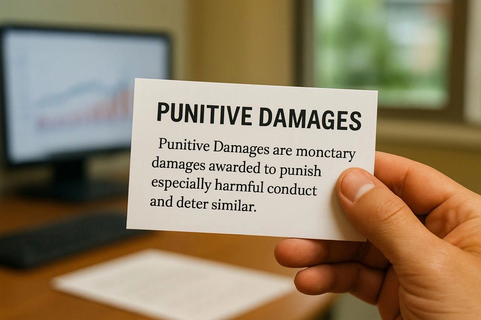 A hand holds a card reading "PUNITIVE DAMAGES" in front of a blurred desk and computer screen