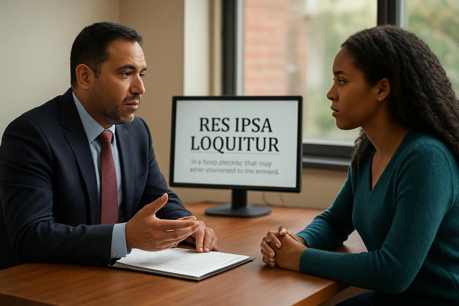 A man in a suit talks across a desk with a woman while a monitor shows text in an office