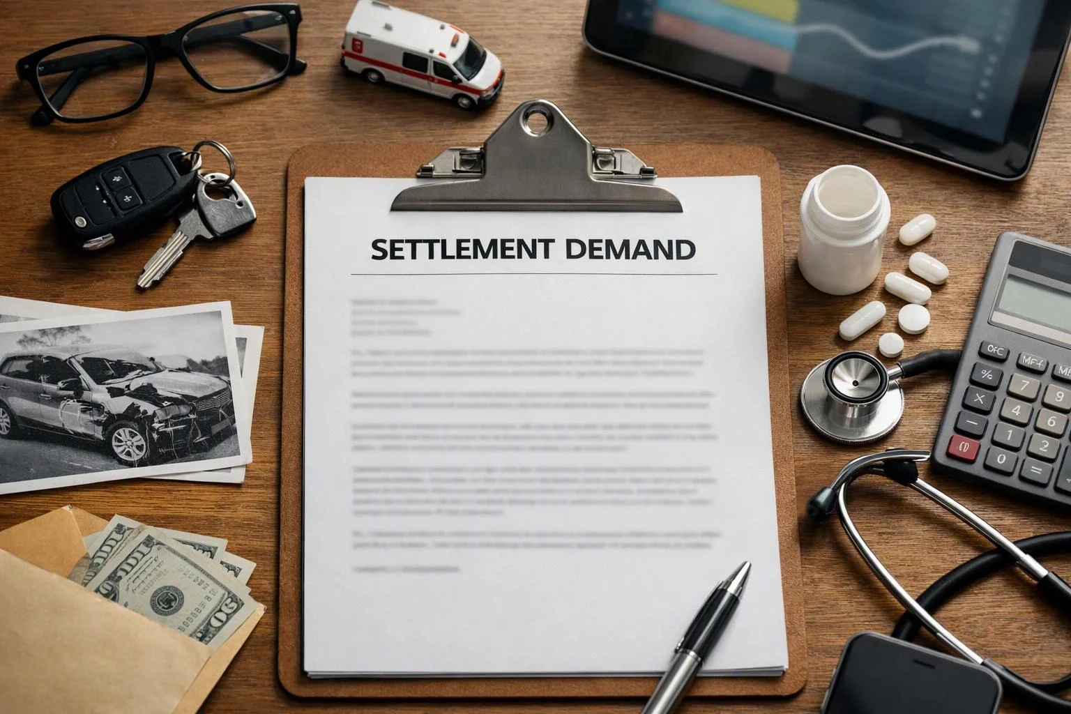 A settlement demand document sits on a clipboard, surrounded by car crash photos, keys, money, pills, a stethoscope