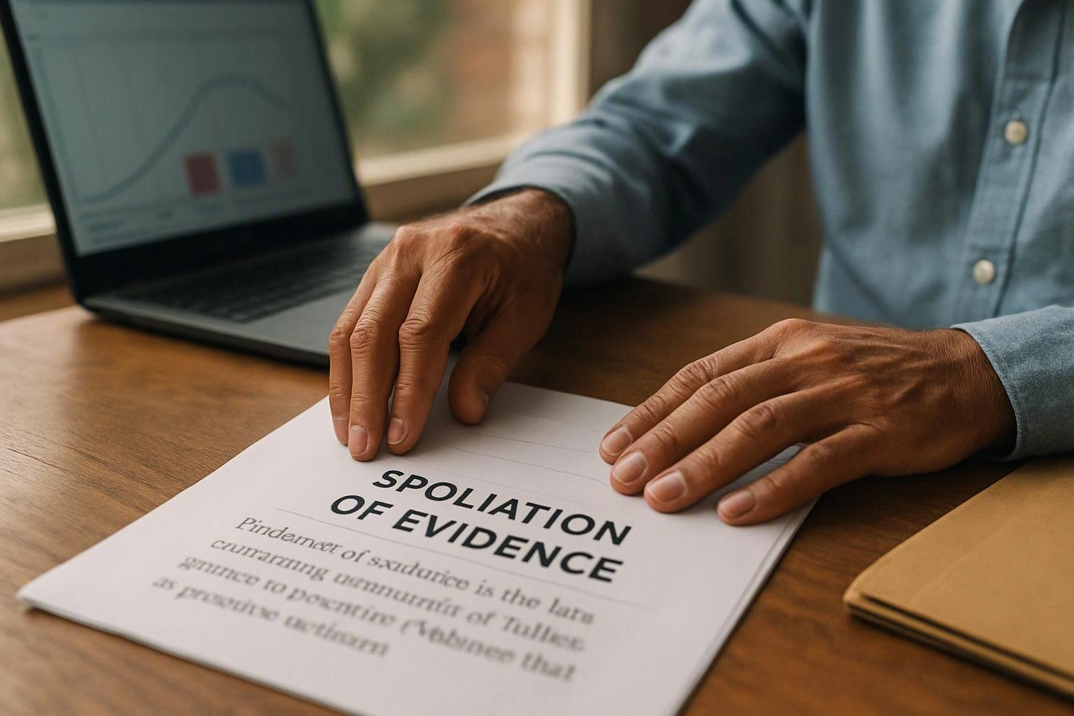 A person’s hands rest on a paper titled “SPOLIATION OF EVIDENCE” beside a laptop on a wooden desk