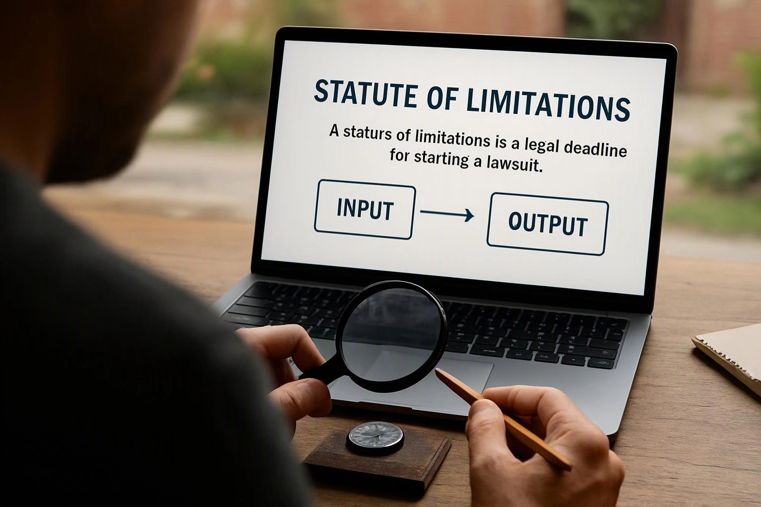 A person studies a laptop screen showing “STATUTE OF LIMITATIONS” with a magnifying glass and pencil on a desk