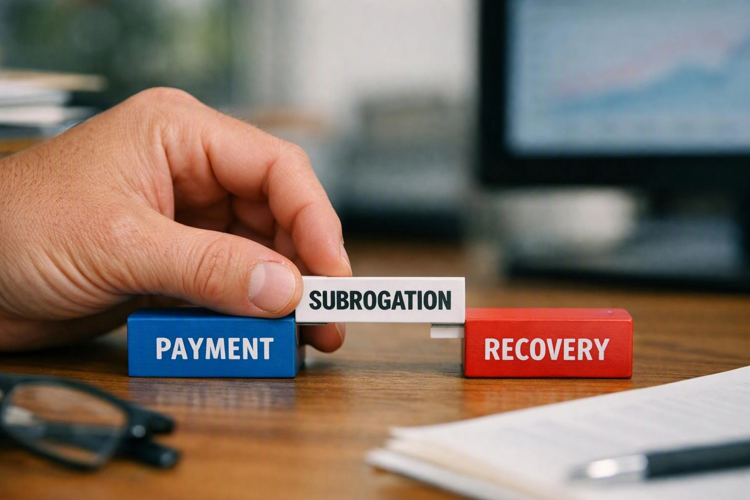 A hand moves a white block labeled SUBROGATION between blue PAYMENT and red RECOVERY blocks on a desk