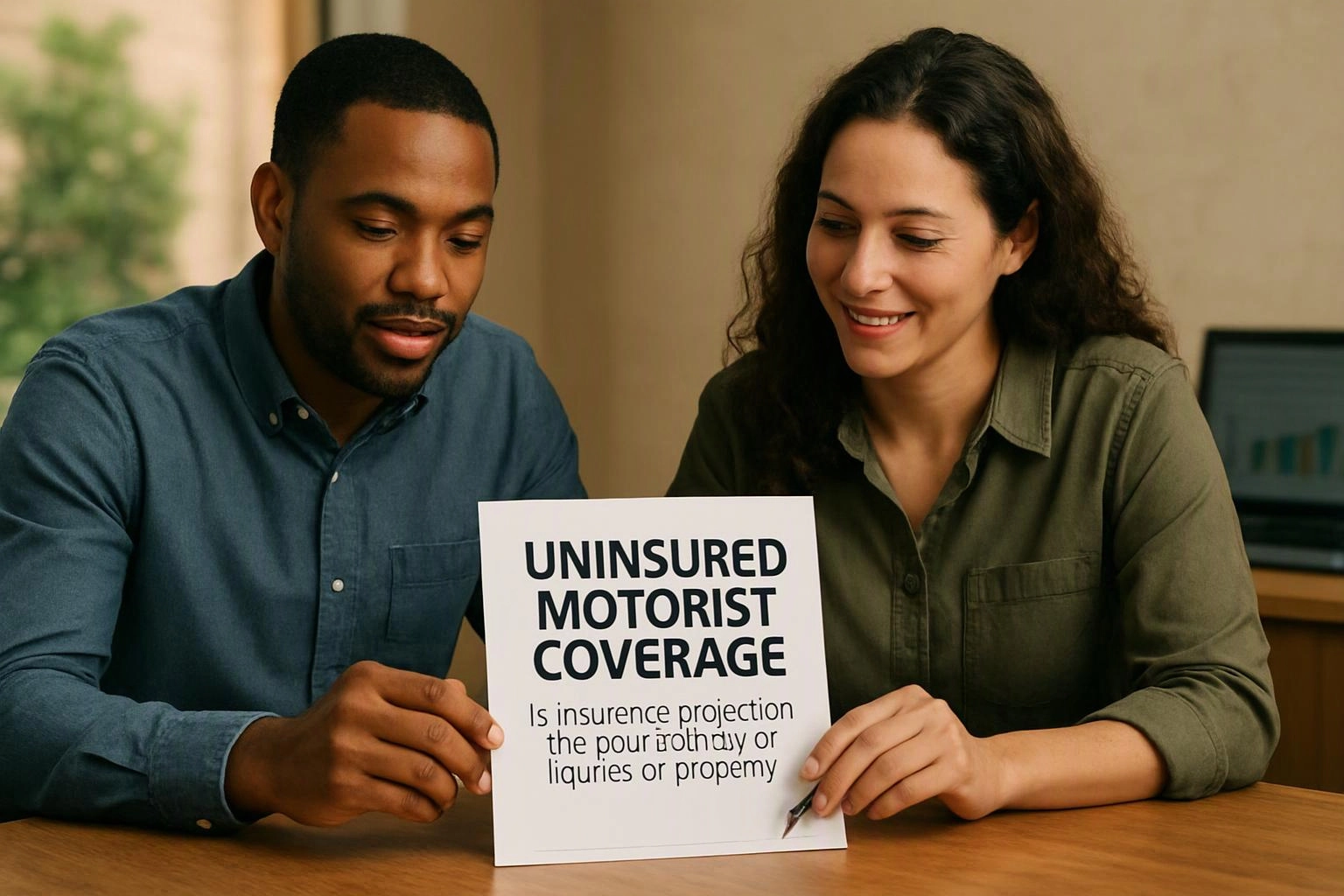 Two people sit at a table, holding a paper that reads “UNINSURED MOTORIST COVERAGE” with smaller text below