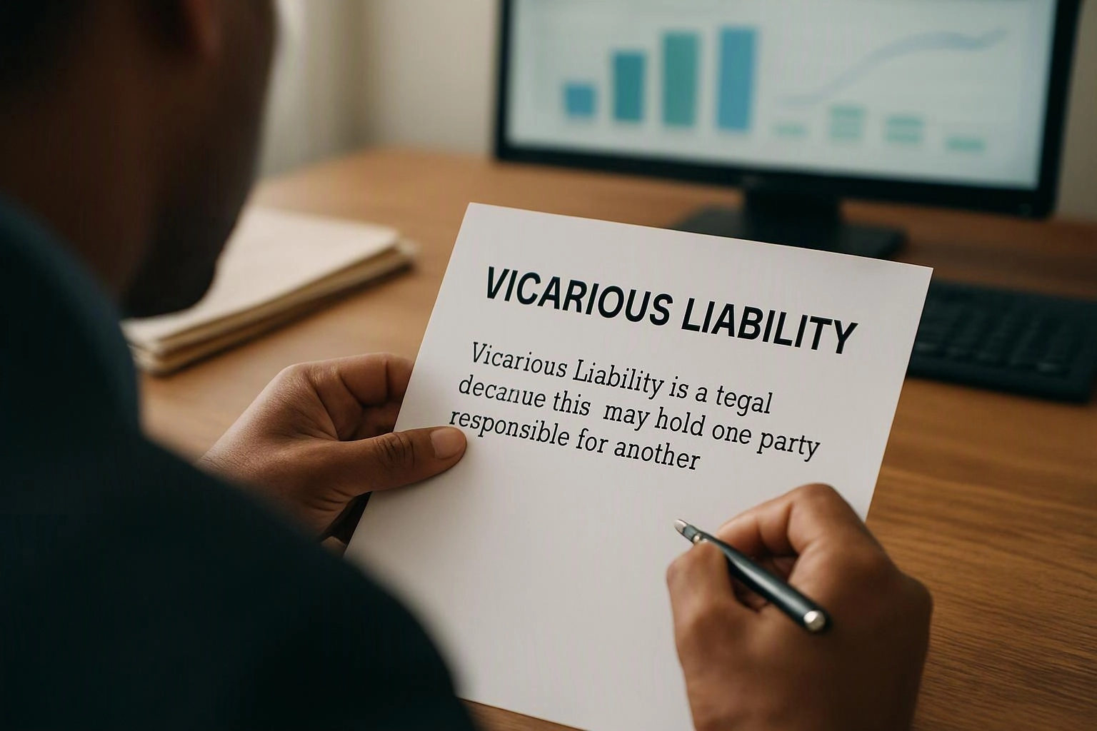 A person holds a paper titled “VICARIOUS LIABILITY” while writing at a desk with a monitor behind them