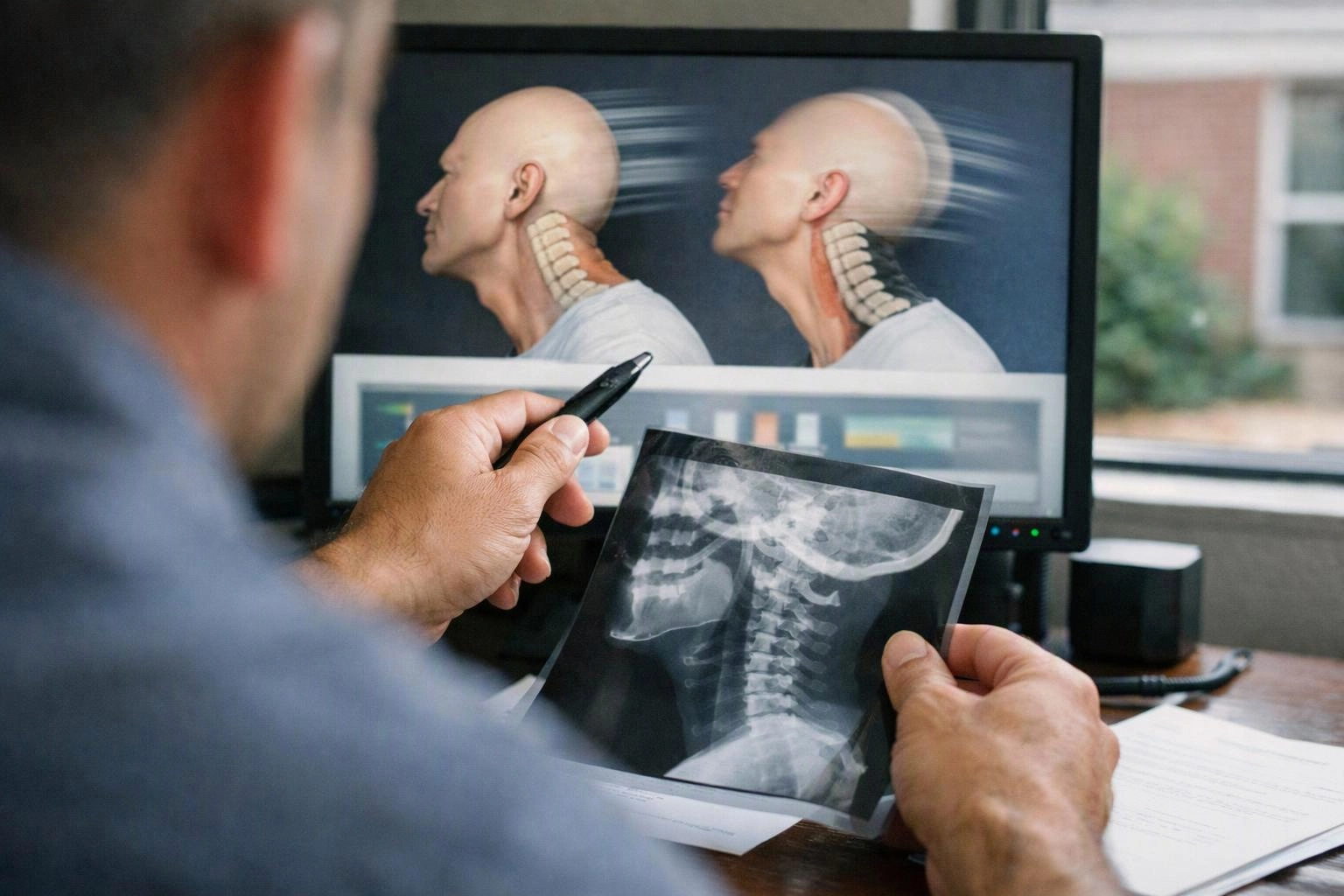A person studies a neck X-ray and a spine image on a computer monitor at a desk
