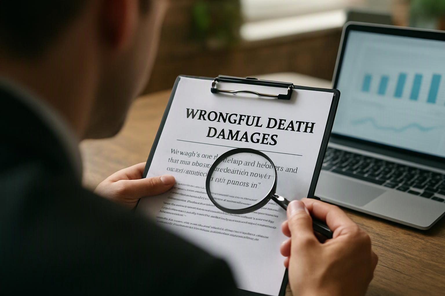 A person examines a clipboard labeled “WRONGFUL DEATH DAMAGES” with a magnifying glass beside a laptop showing charts