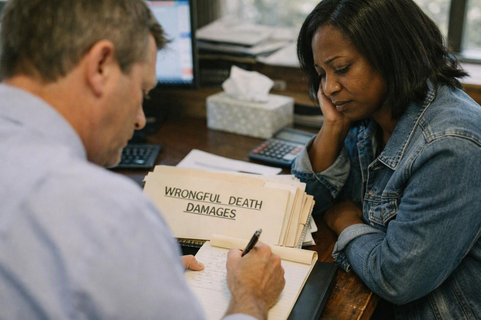 Two people review legal papers at a desk, with a folder labeled “WRONGFUL DEATH DAMAGES” in front of them