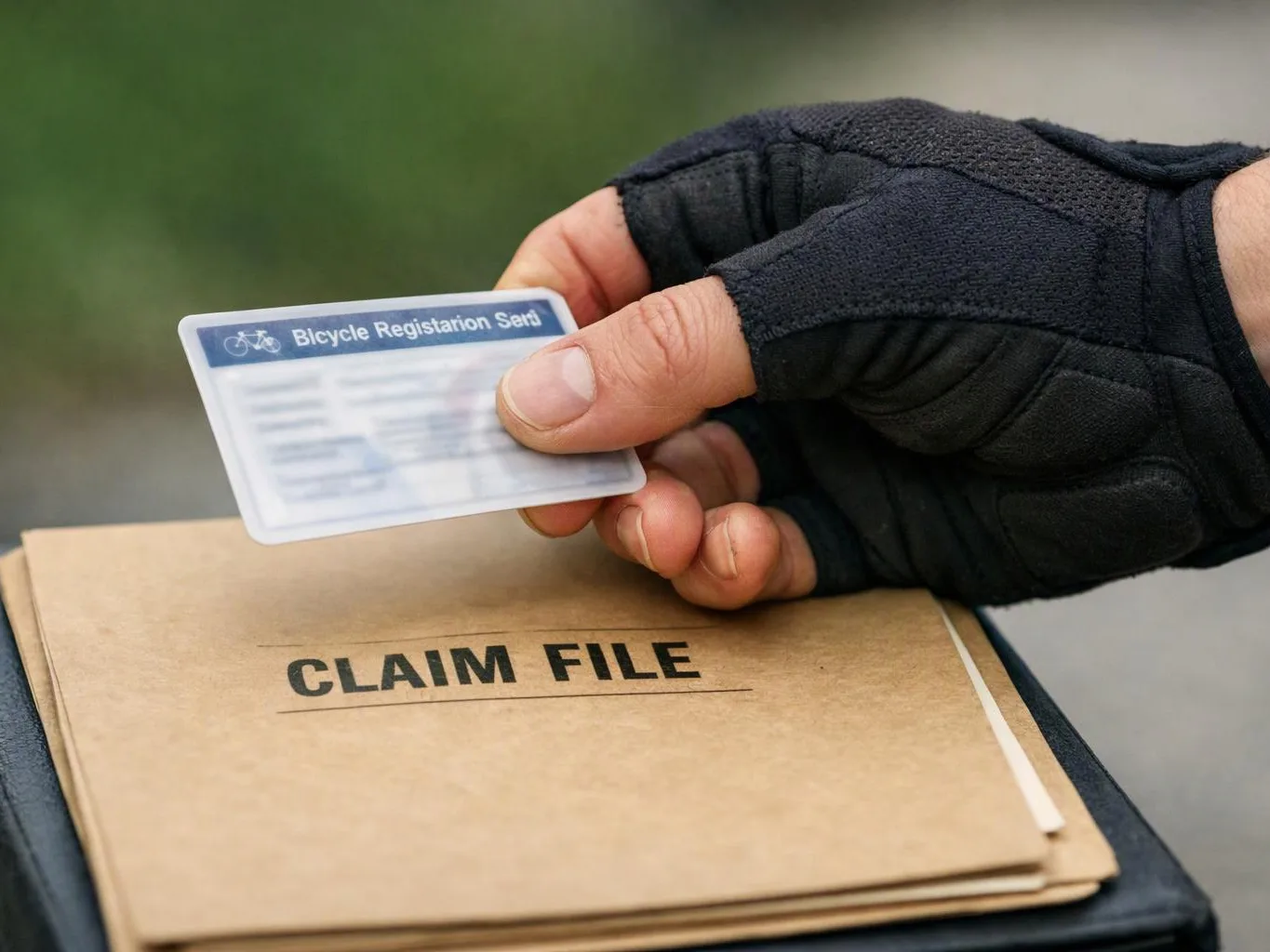 A gloved hand holds a bicycle registration card above a brown claim file folder outdoors