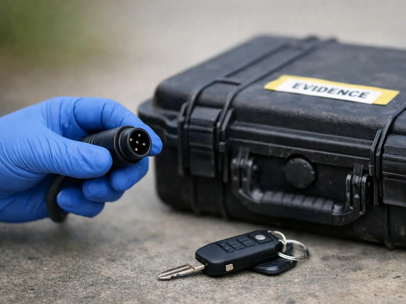 A gloved hand holds a cable plug beside a black evidence case and a car key on pavement