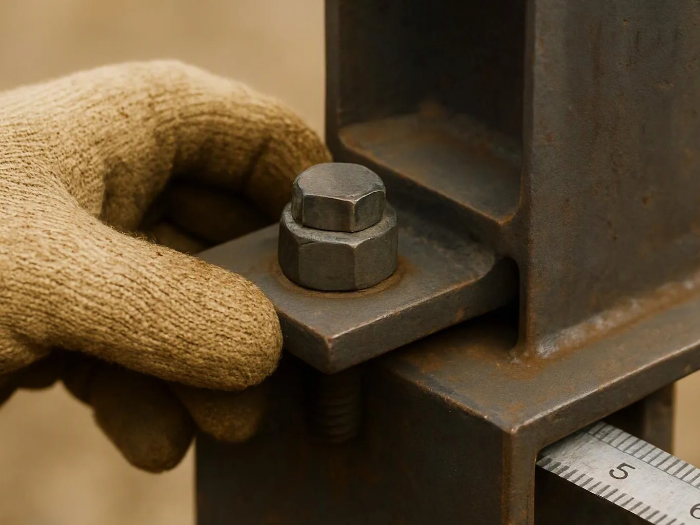 A gloved hand holds a metal bracket with a bolt beside a steel beam and measuring tape
