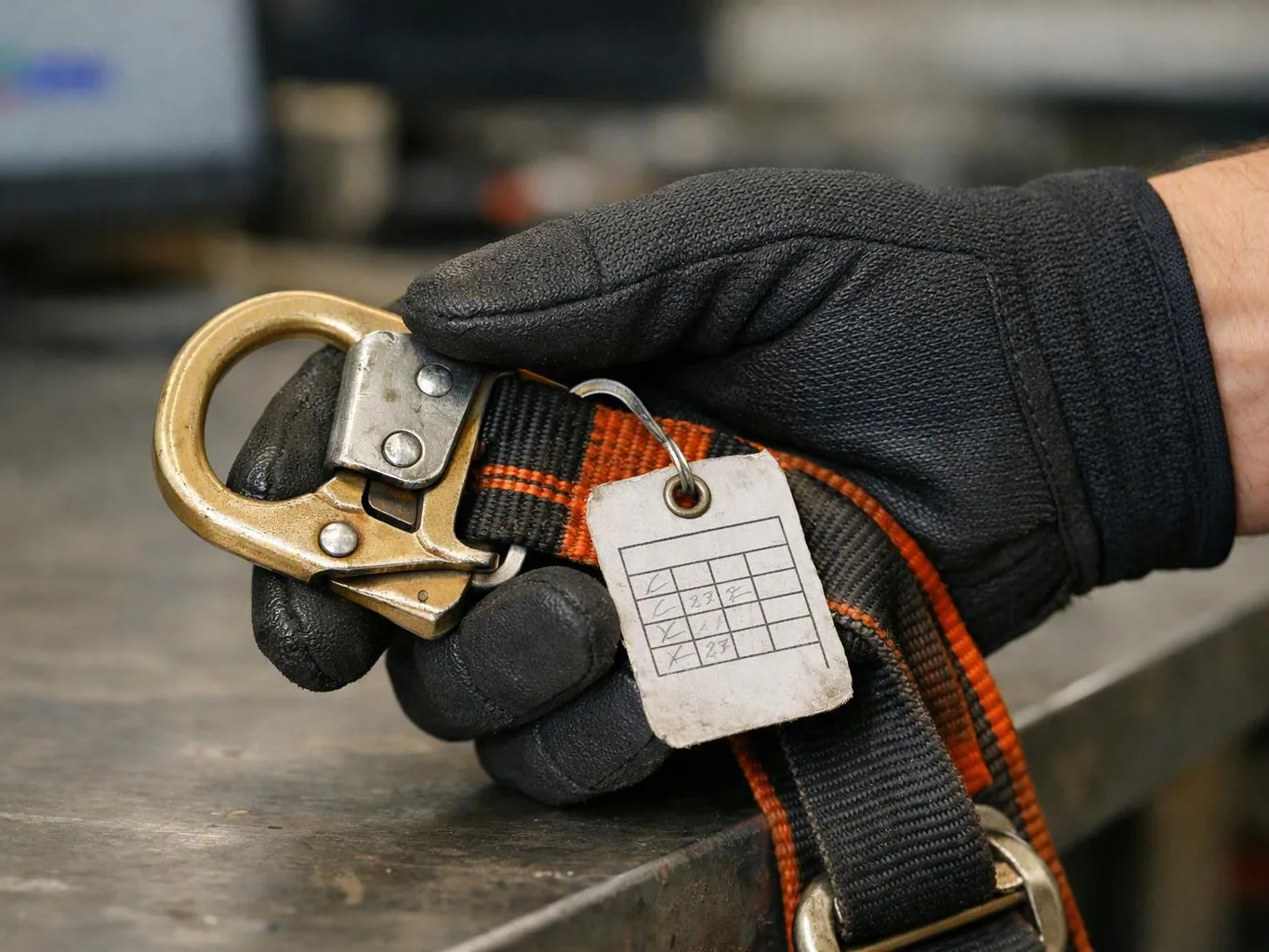 A gloved hand holds a metal safety hook attached to a black and orange strap with a small tag, over a workbench