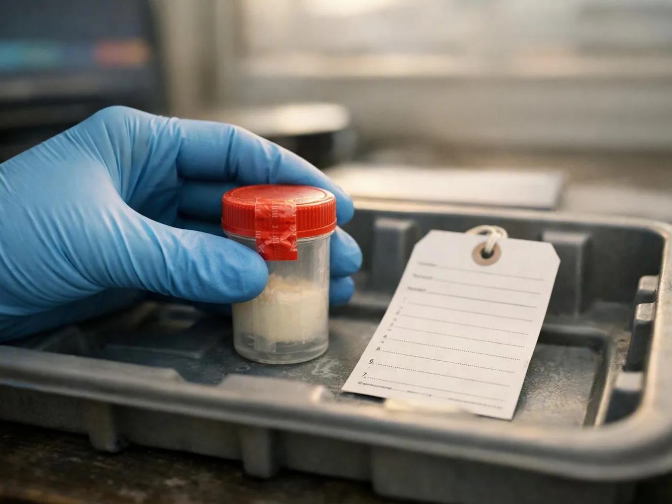 A gloved hand holds a small specimen jar beside a labeled evidence tag in a tray