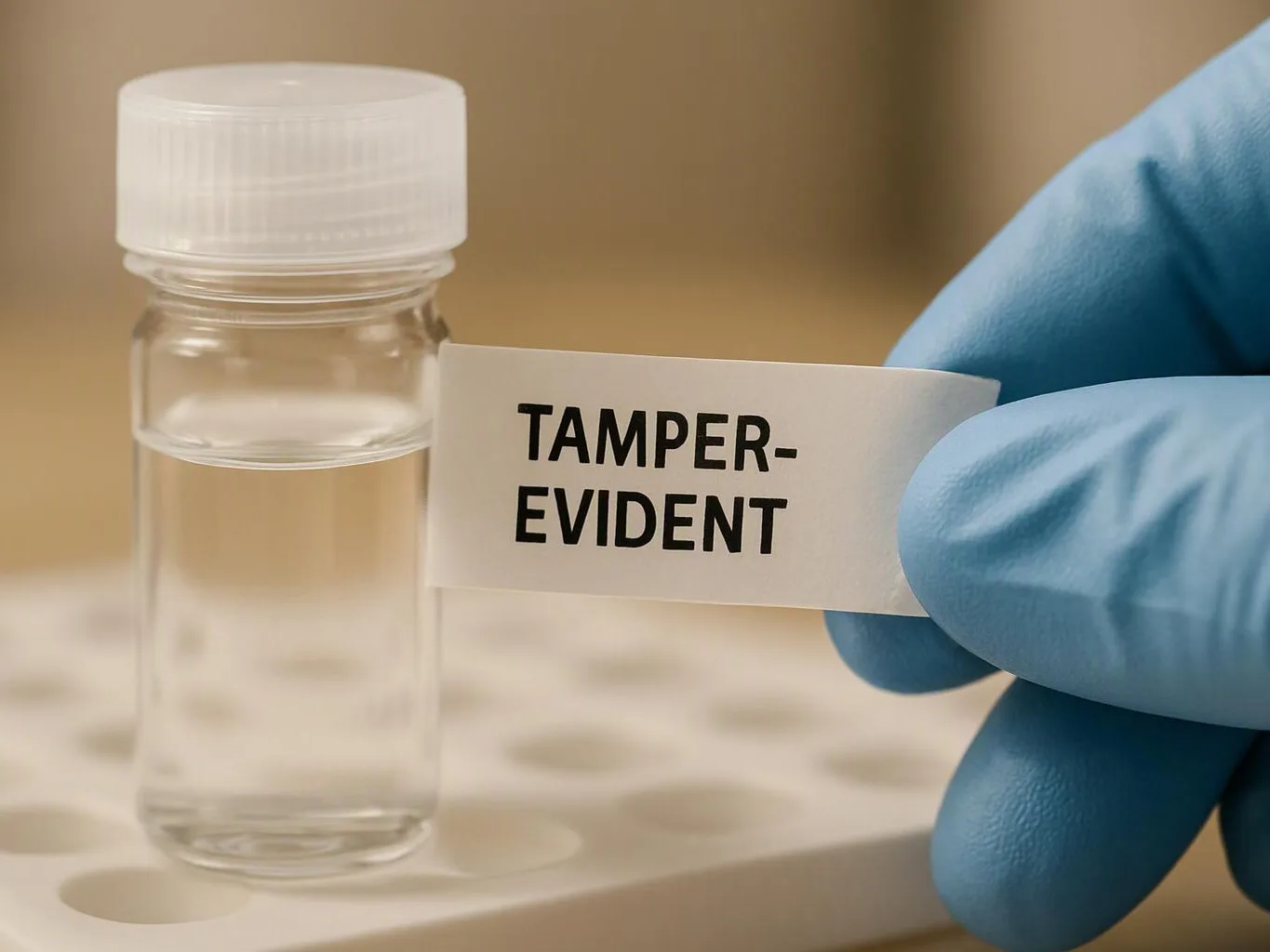 A gloved hand holds a tamper-evident label beside a small clear vial on a lab tray