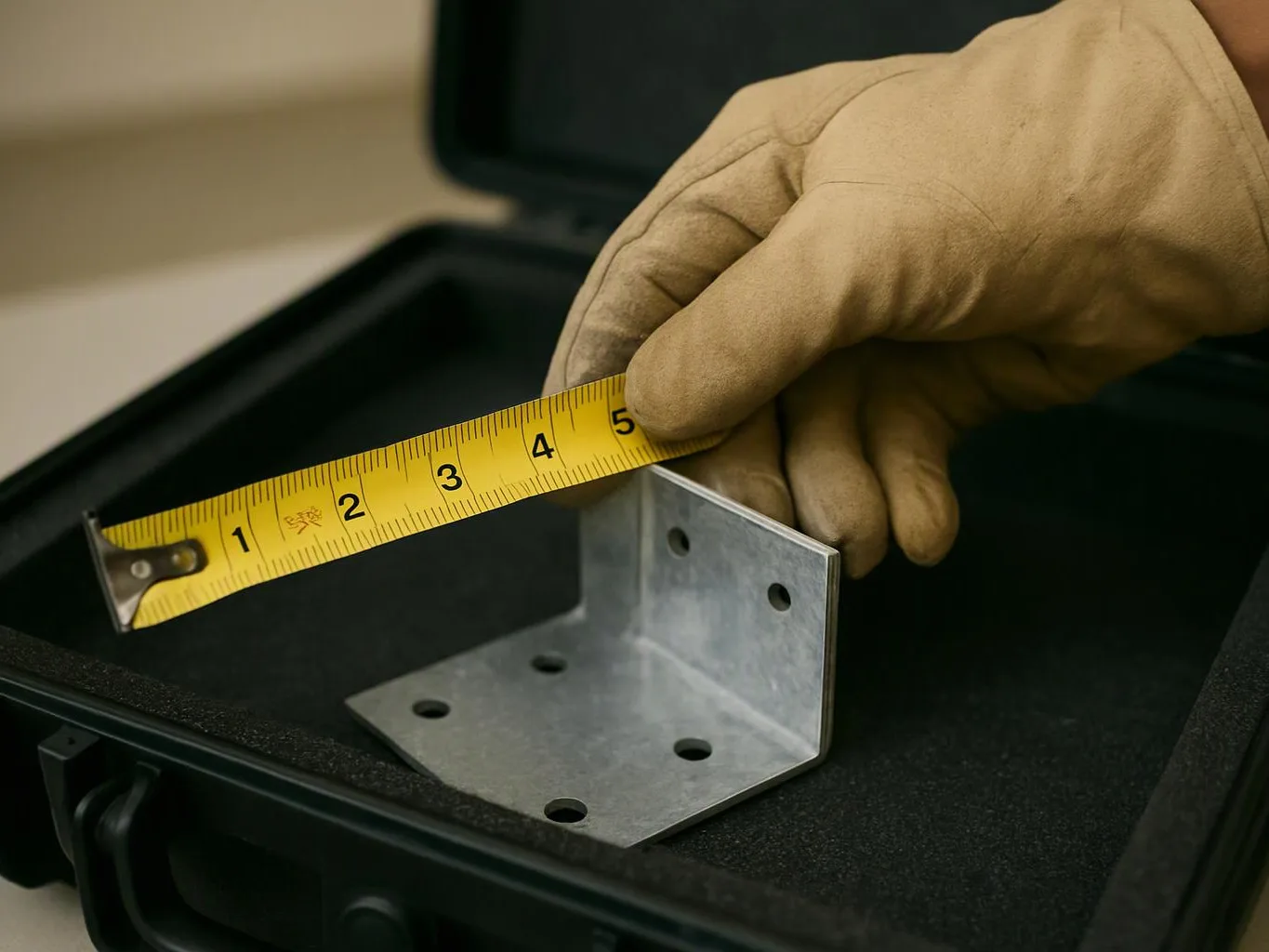 A gloved hand measures a metal L-bracket with a yellow tape inside an open black case