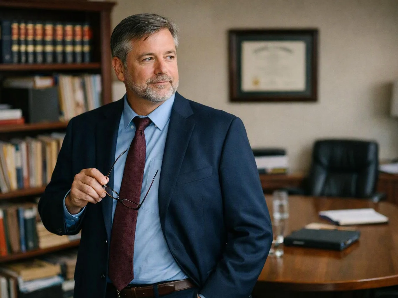 A gray-haired man in a navy suit holds glasses in an office beside bookshelves and a conference table