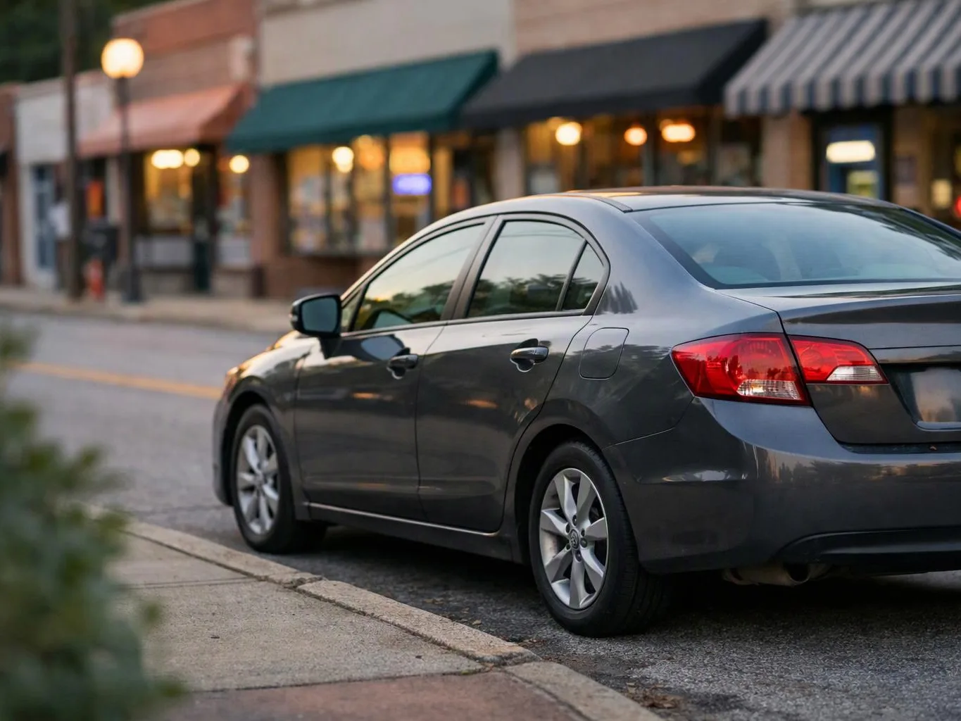 A gray sedan is parked beside a sidewalk on a quiet street with lit storefronts behind it