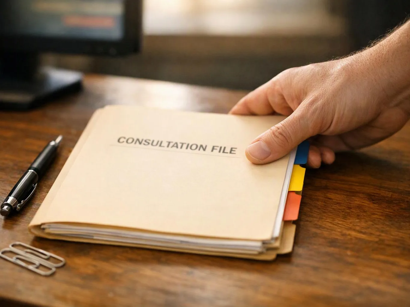 A hand holds a beige consultation file on a wooden desk beside a pen and paper clips