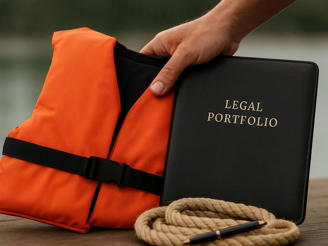 A hand holds a black legal portfolio beside an orange life vest and coiled rope on a wooden table