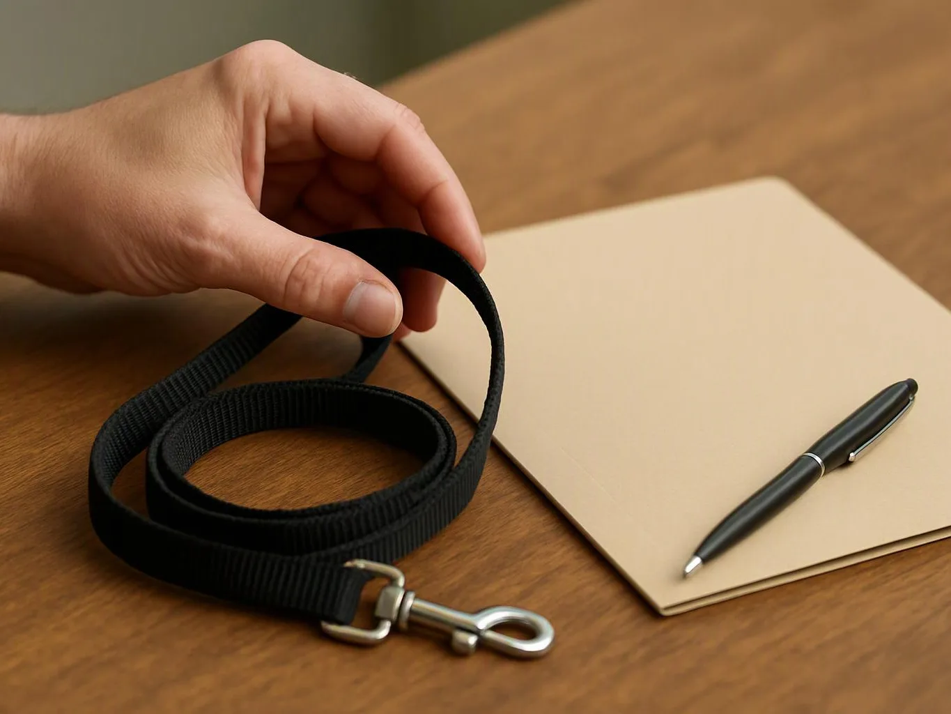 A hand holds a black strap beside a tan folder and a black pen on a wooden table