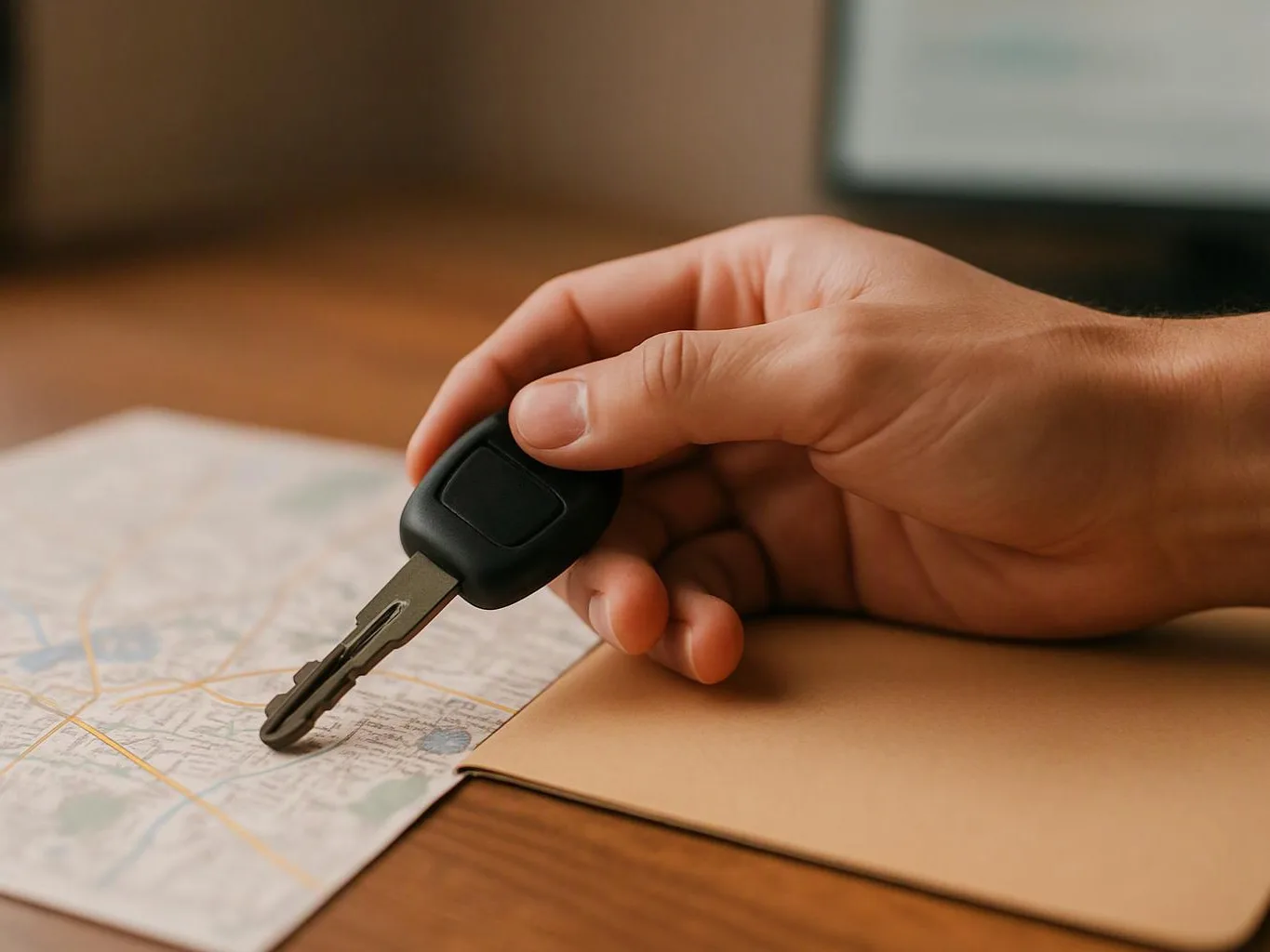 A hand holds a car key over a paper map on a wooden table
