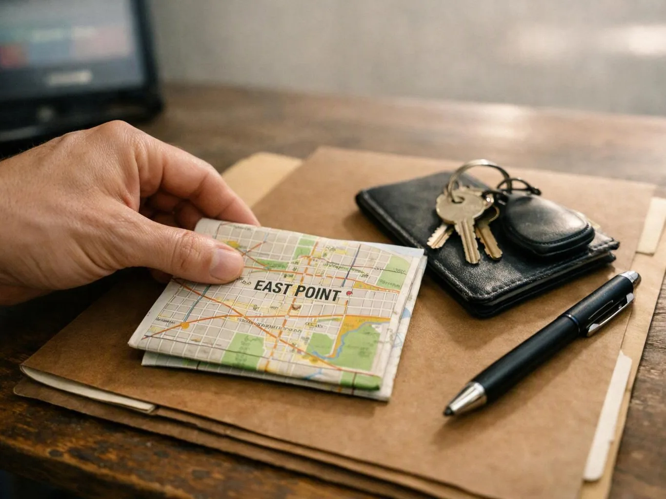 A hand holds a folded map on a wooden desk beside keys, a wallet, and a pen