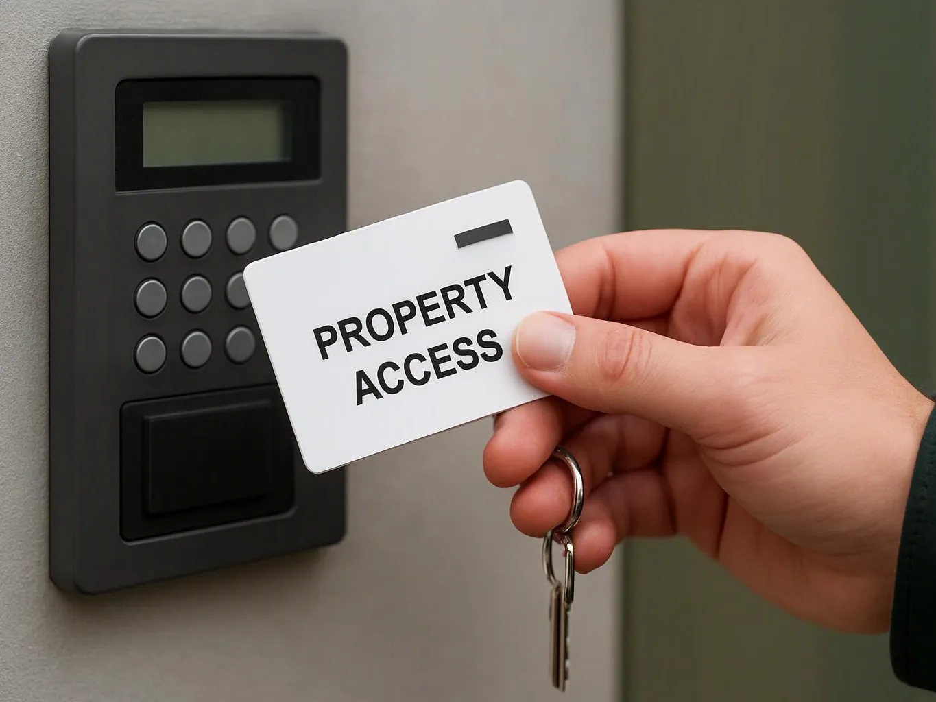 A hand holds a key and a card labeled “PROPERTY ACCESS” beside a wall keypad lock