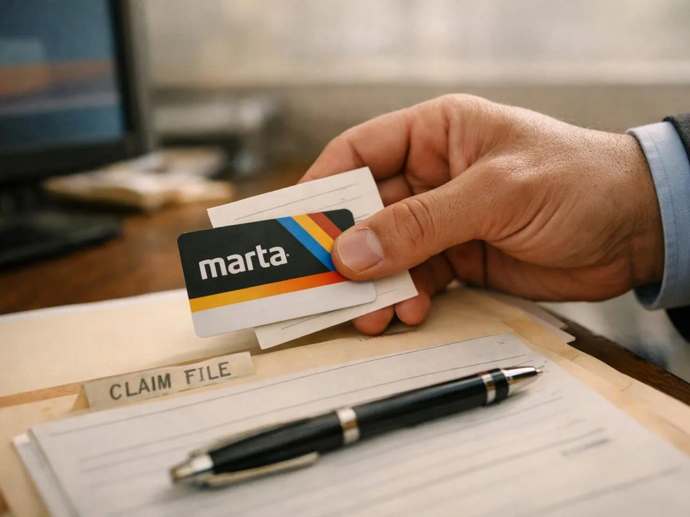 A hand holds a Marta transit card over a claim file folder and pen on a desk