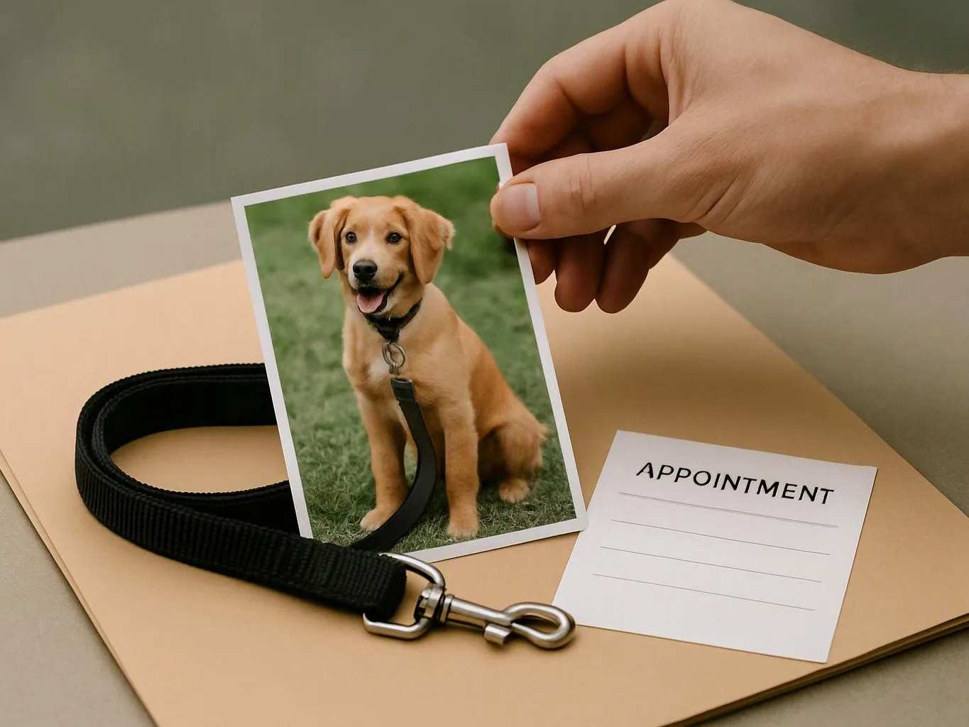 A hand holds a puppy photo above a leash and an appointment card on a beige surface