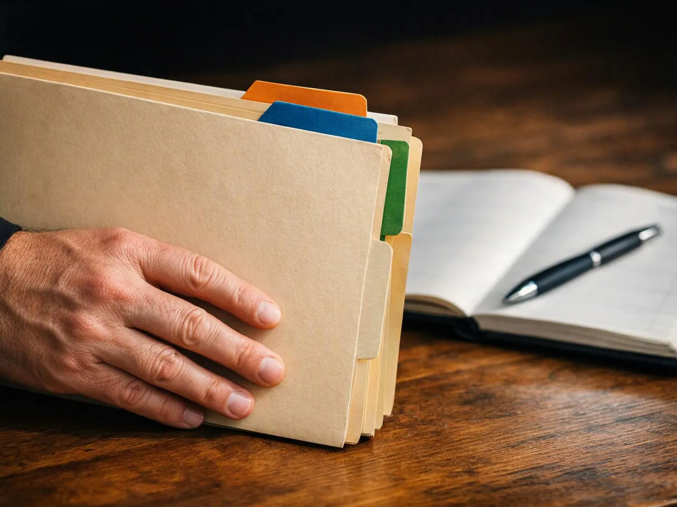 A hand holds a stack of tabbed folders beside an open notebook and pen on a wooden table