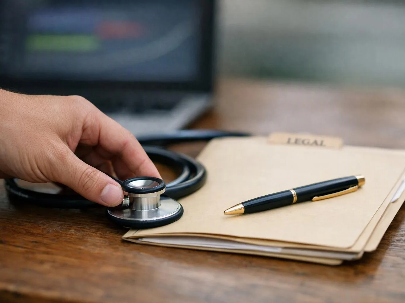 A hand holds a stethoscope beside a legal folder and pen on a wooden desk