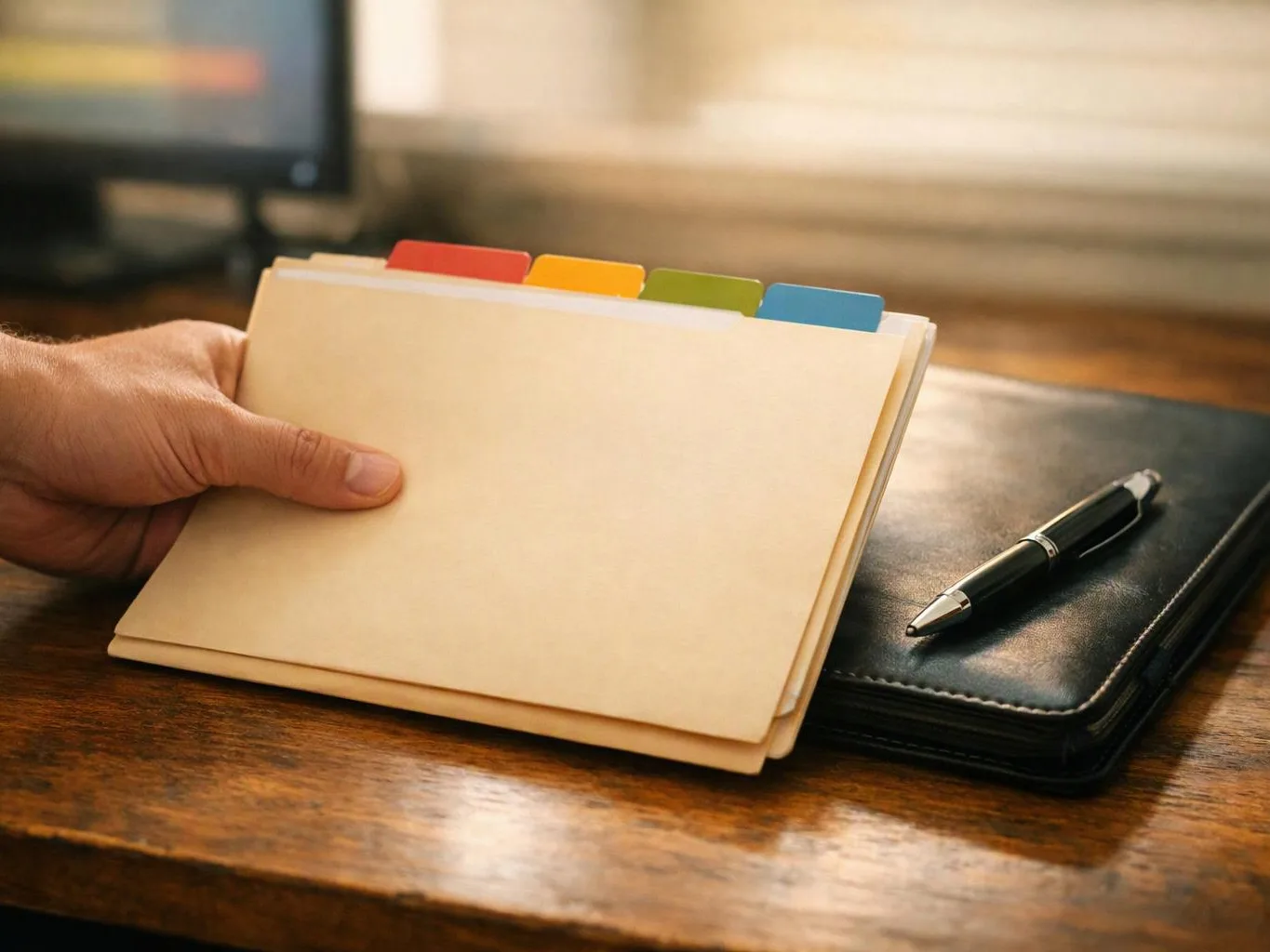 A hand holds a tabbed manila folder beside a pen on a black notebook on a desk