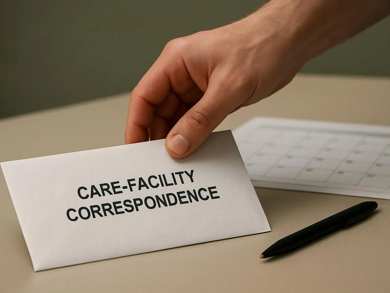 A hand holds a white envelope labeled “CARE-FACILITY CORRESPONDENCE” beside a calendar sheet and black pen