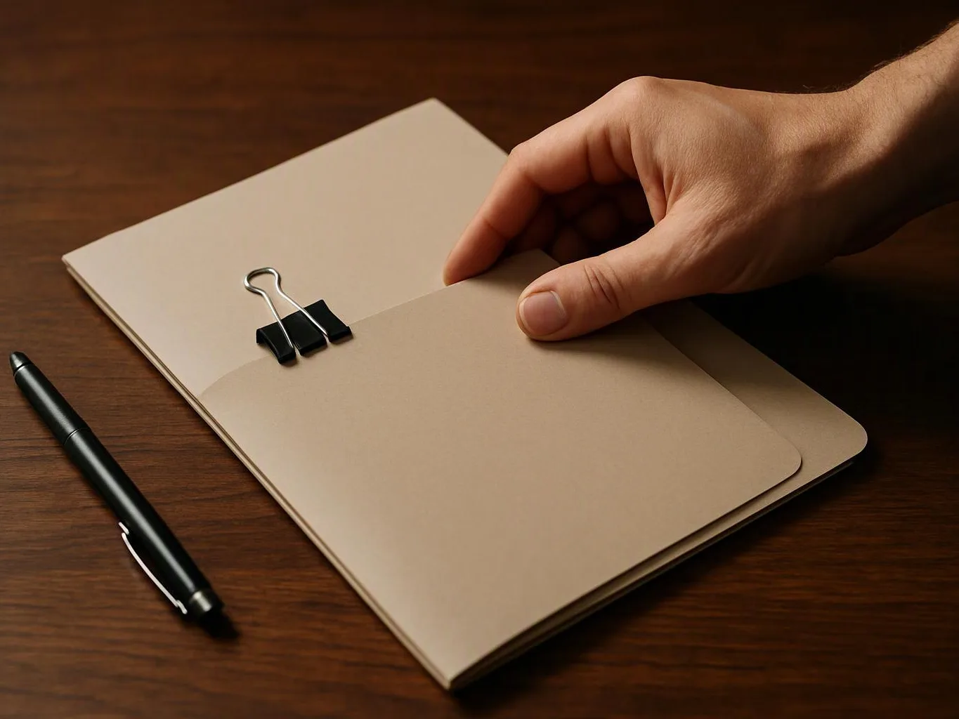 A hand lifts a beige envelope on a wooden desk beside a black pen and binder clip