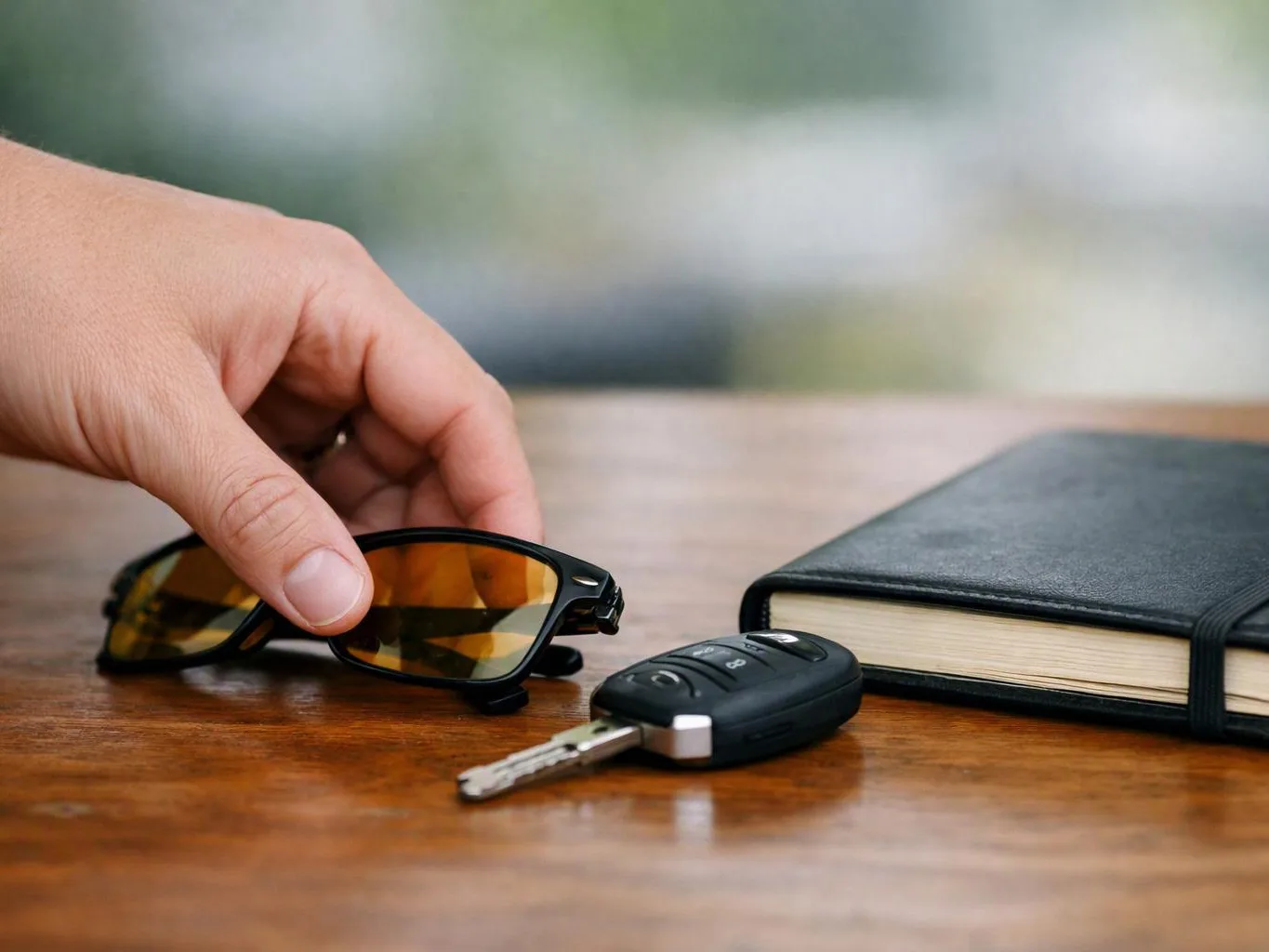 A hand picks up sunglasses beside a car key and a closed black notebook on a wooden table