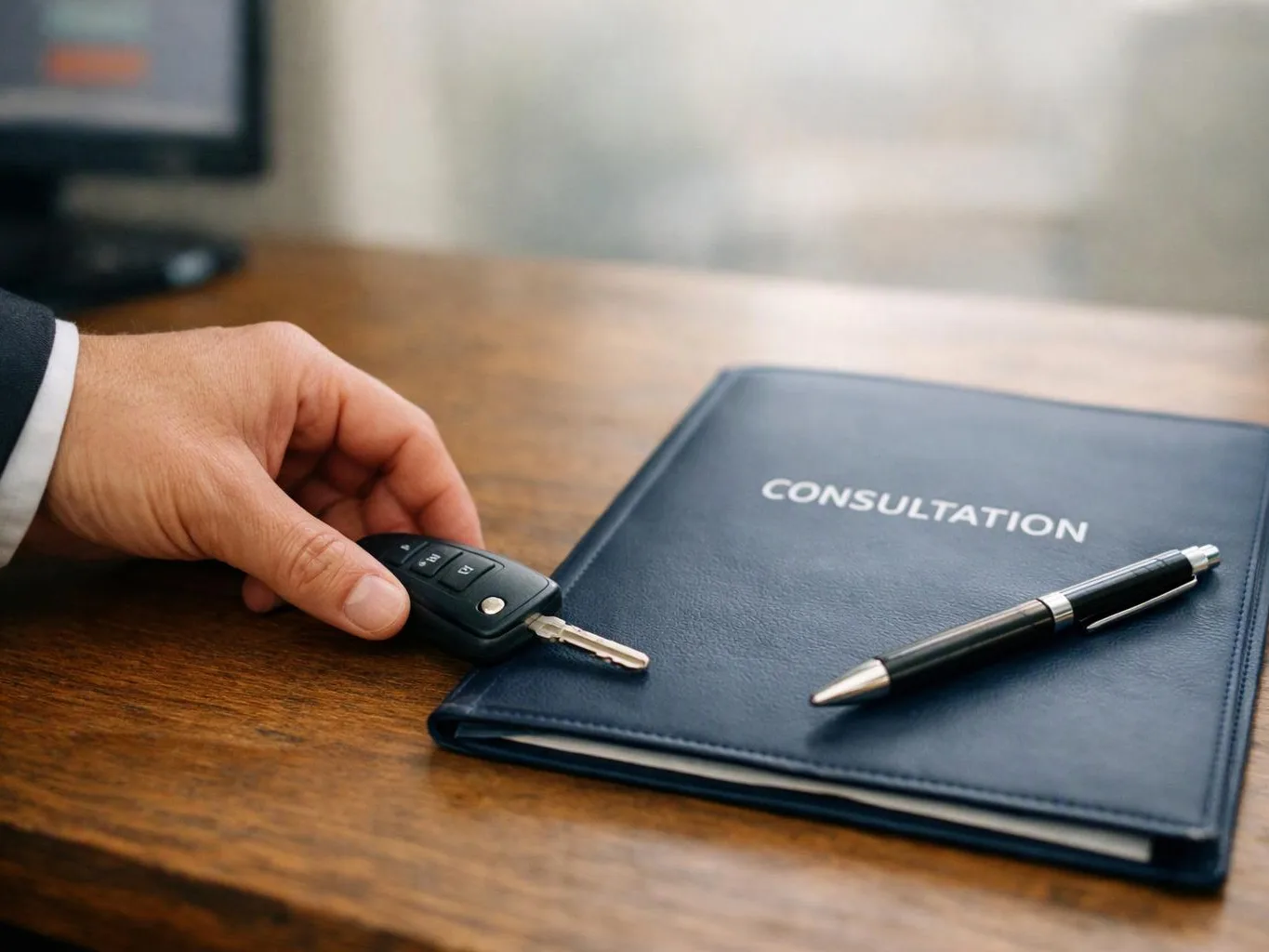 A hand places a car key beside a blue consultation folder and pen on a wooden desk