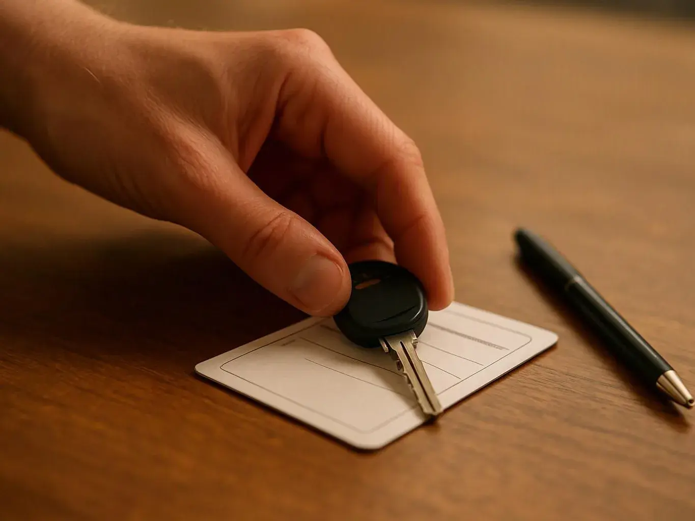 A hand places a car key on a blank white card beside a black pen on a wooden table