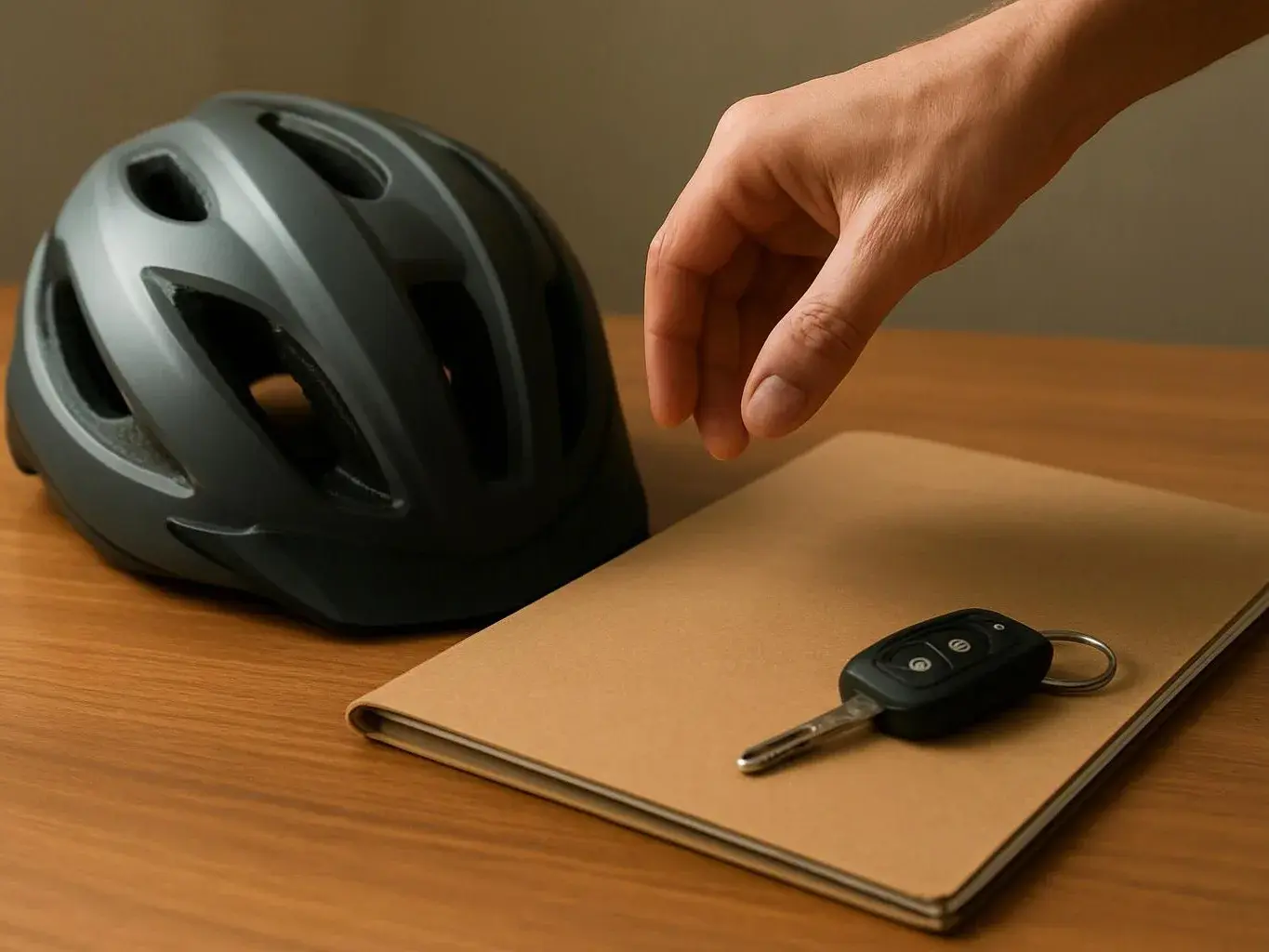 A hand reaches toward a black bicycle helmet beside a notebook and car key on a wooden table