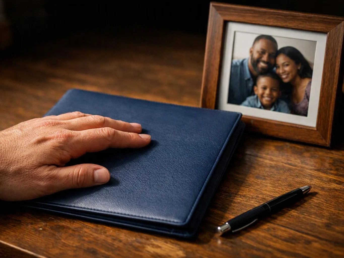 A hand rests on a blue binder beside a framed family photo and a black pen on a wooden table