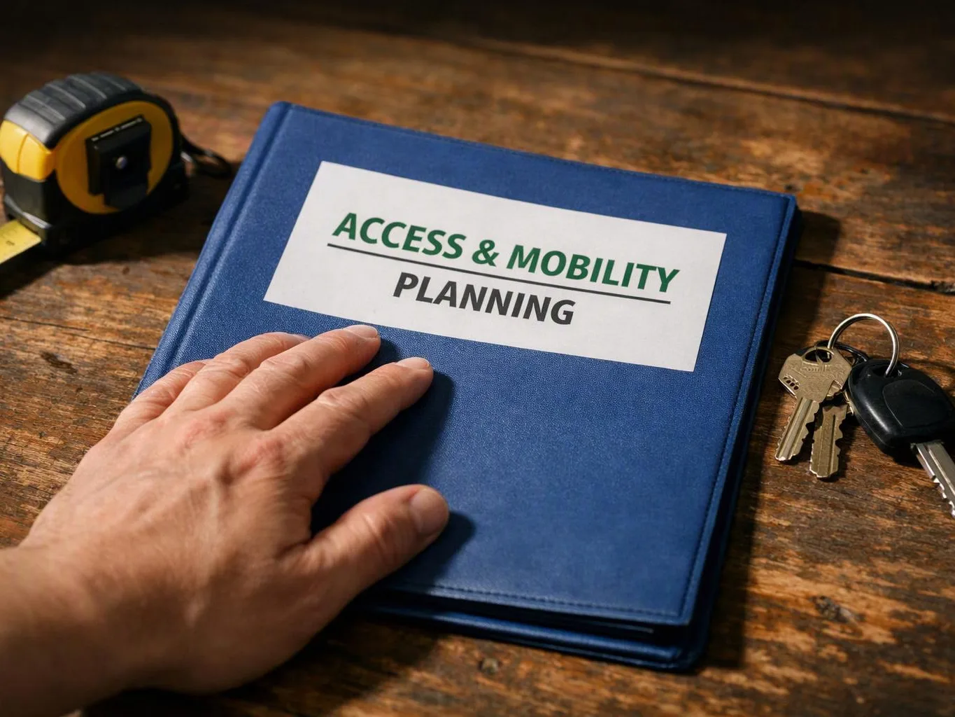 A hand rests on a blue binder labeled “ACCESS & MOBILITY PLANNING” beside a tape measure and keys on a wooden table