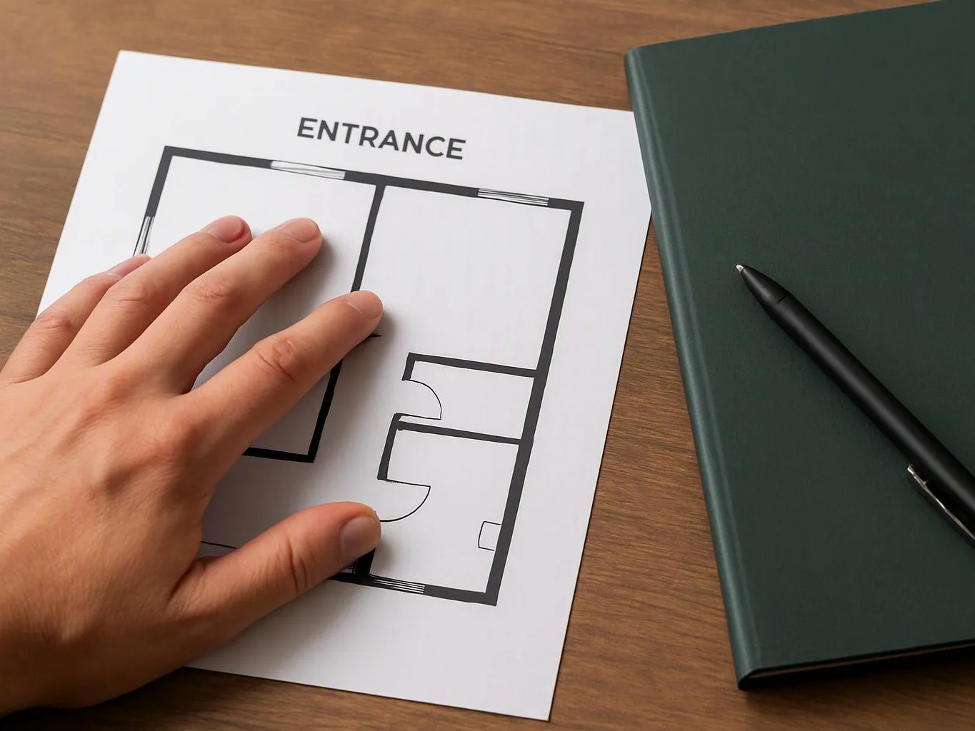 A hand rests on a floor plan labeled “ENTRANCE” beside a green notebook and black pen on a wooden desk