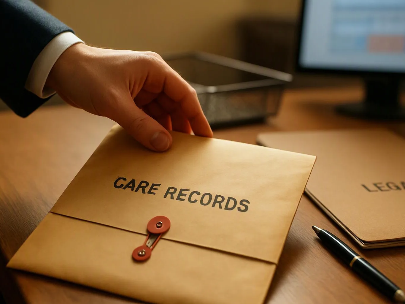A hand in a suit reaches for a folder labeled “CARE RECORDS” on a desk with a pen and another folder