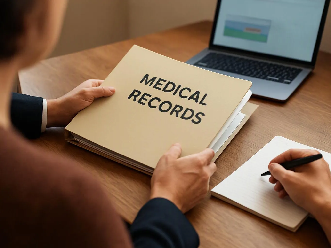 Hands hold a file labeled “MEDICAL RECORDS” beside a laptop and a person writing in a notebook