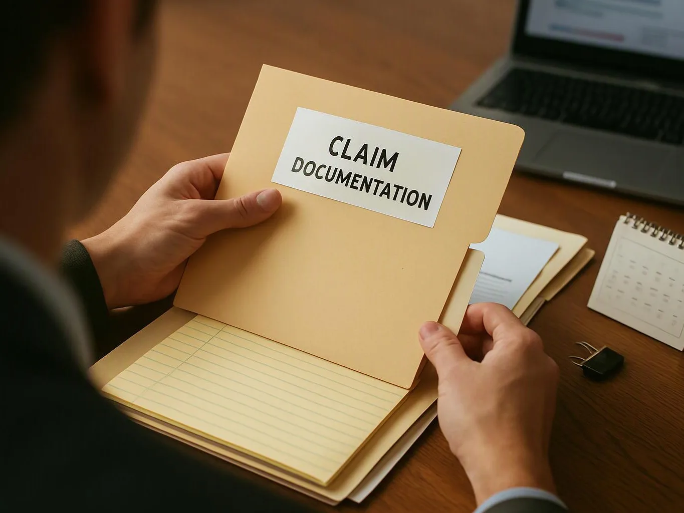 Hands open a folder labeled claim documentation on a wooden desk beside a laptop and papers