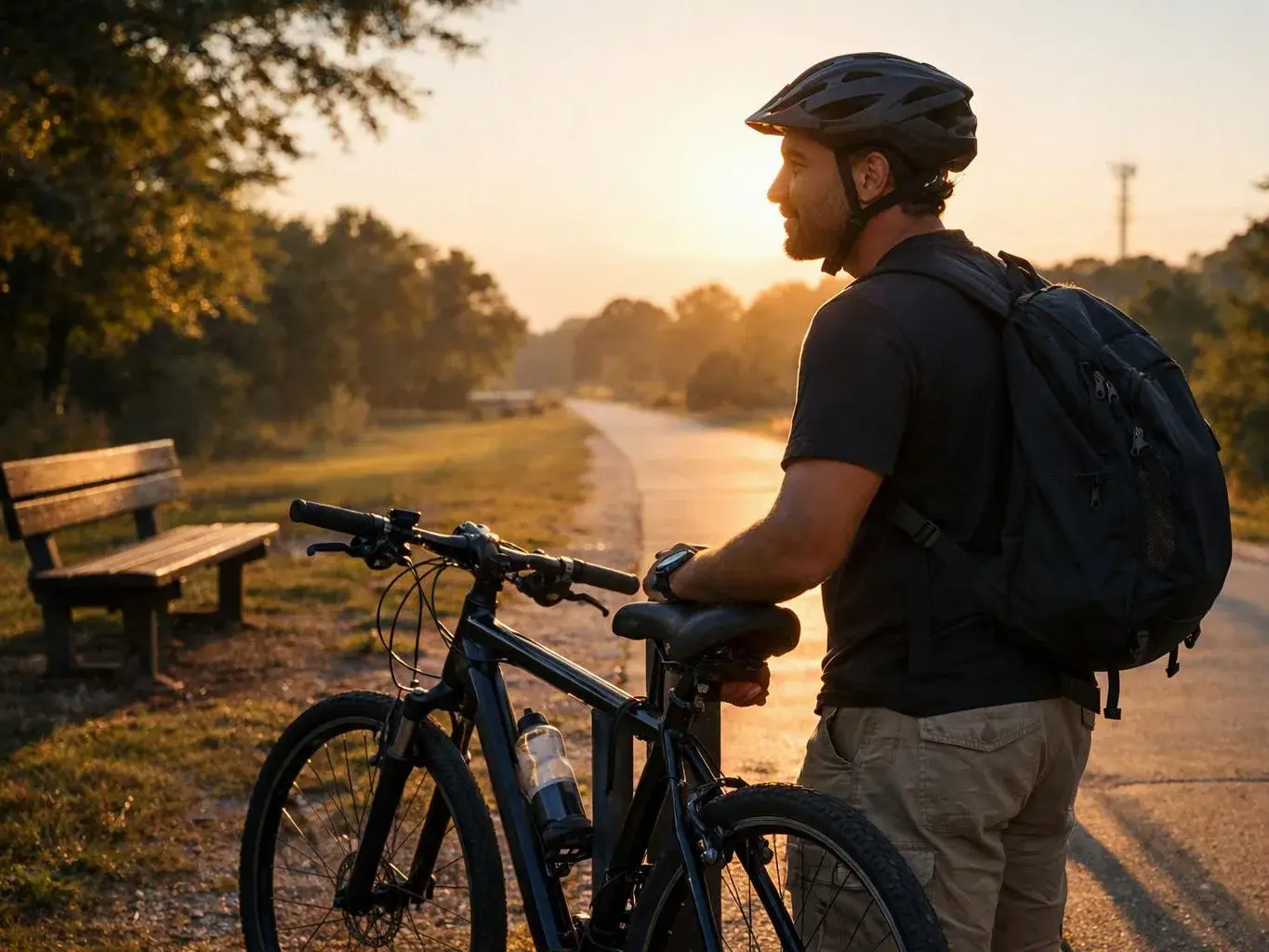 A helmeted man stands beside a bicycle on a park path at sunset, with a bench and trees nearby