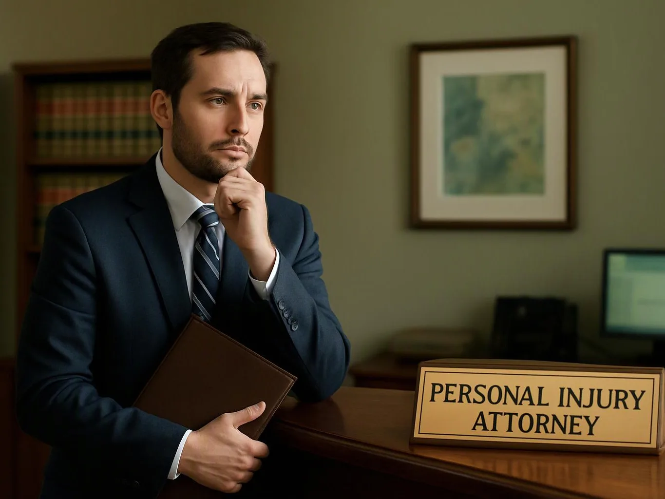 A man in a suit holds a folder beside a desk sign reading “PERSONAL INJURY ATTORNEY” in a wood-paneled office