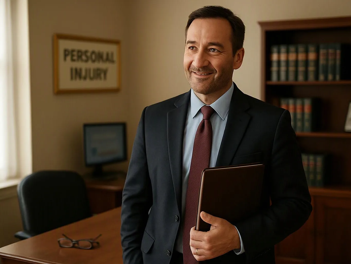 A smiling man in a suit holds a folder in a with bookshelves and a personal injury sign