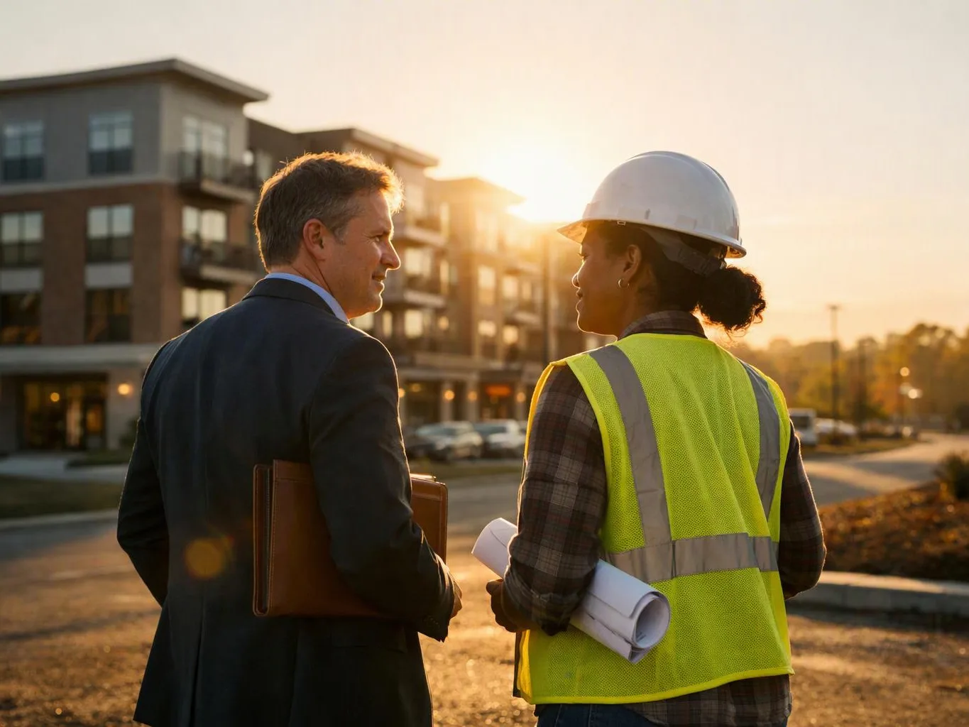 A suited man and a hardhat worker talk beside apartment buildings at sunset, holding papers and a folder