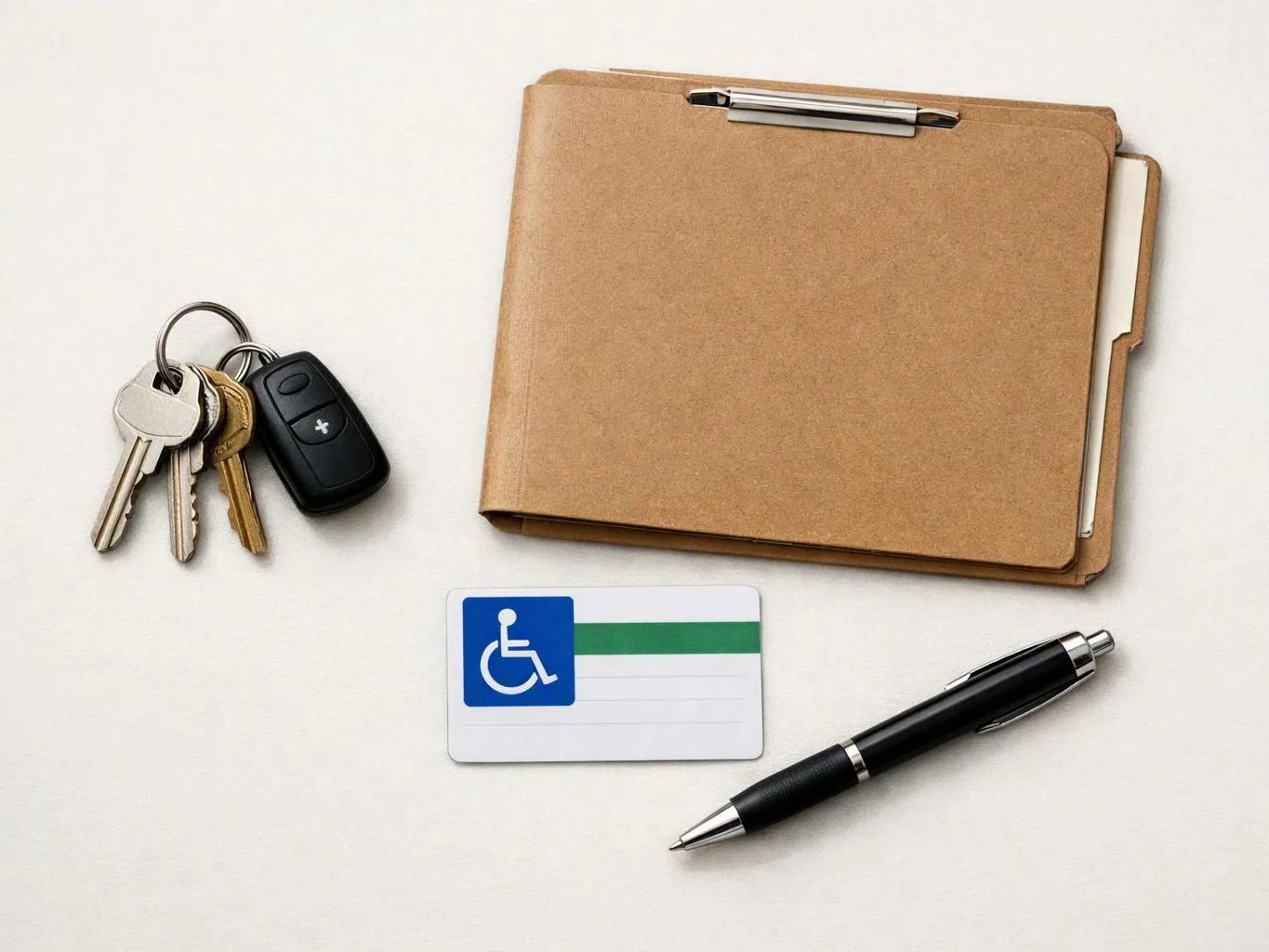Keys, a clipboard, an accessibility card, and a pen lie on a white surface