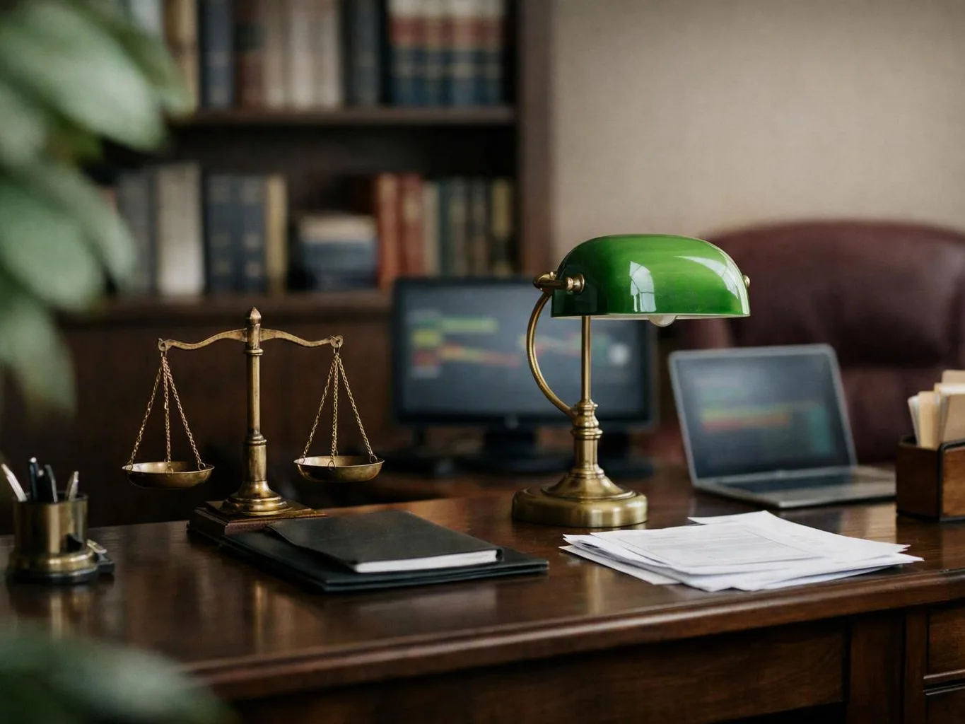 A law office desk holds a brass scales, green lamp, laptop, papers, and bookshelves in the background